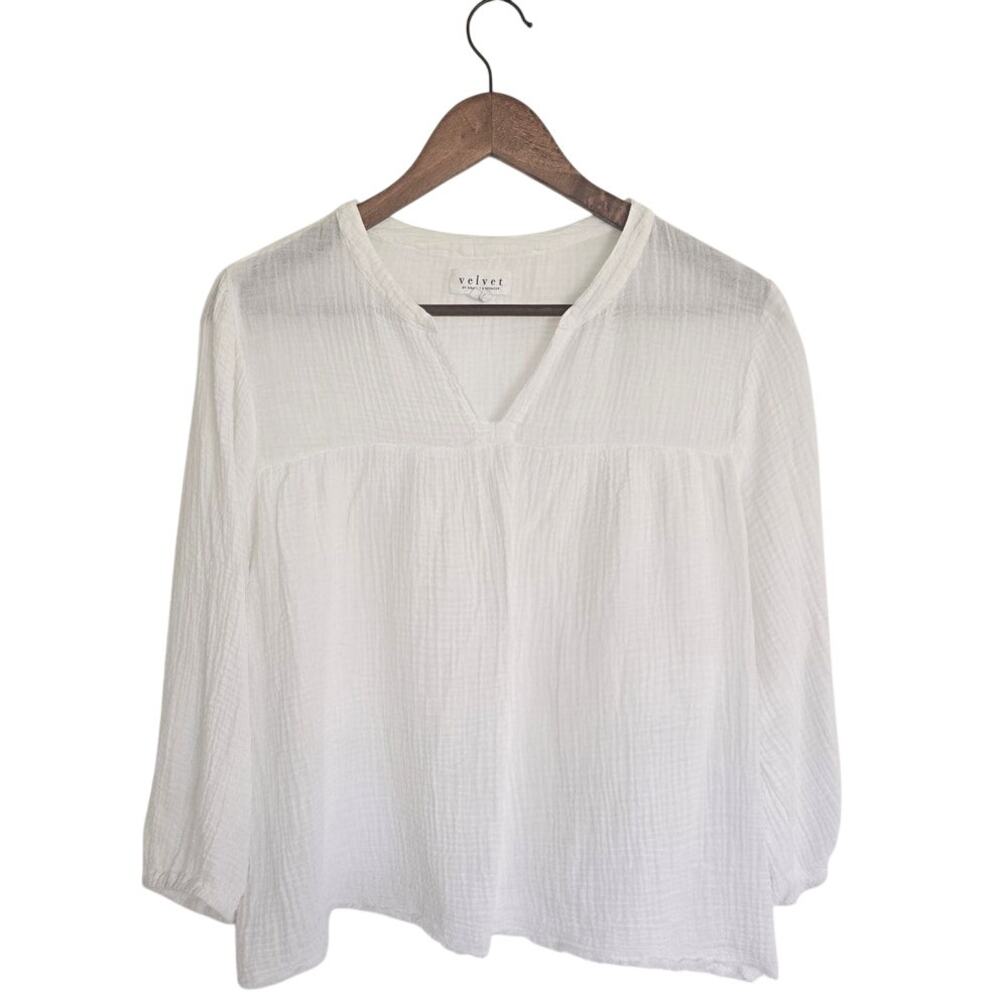 Velvet Graham Spencer White Cotton Gauze V-Neck Blouse Size M